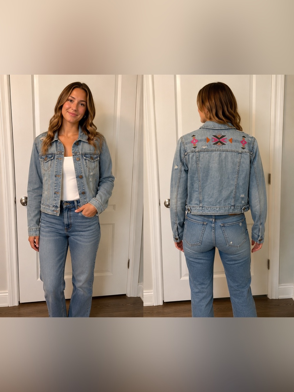American Eagle Outfitters Light Wash Distressed Denim Jacket
